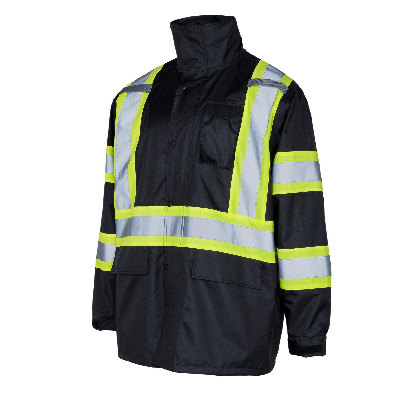 Black safety rain jacket with reflective stripes