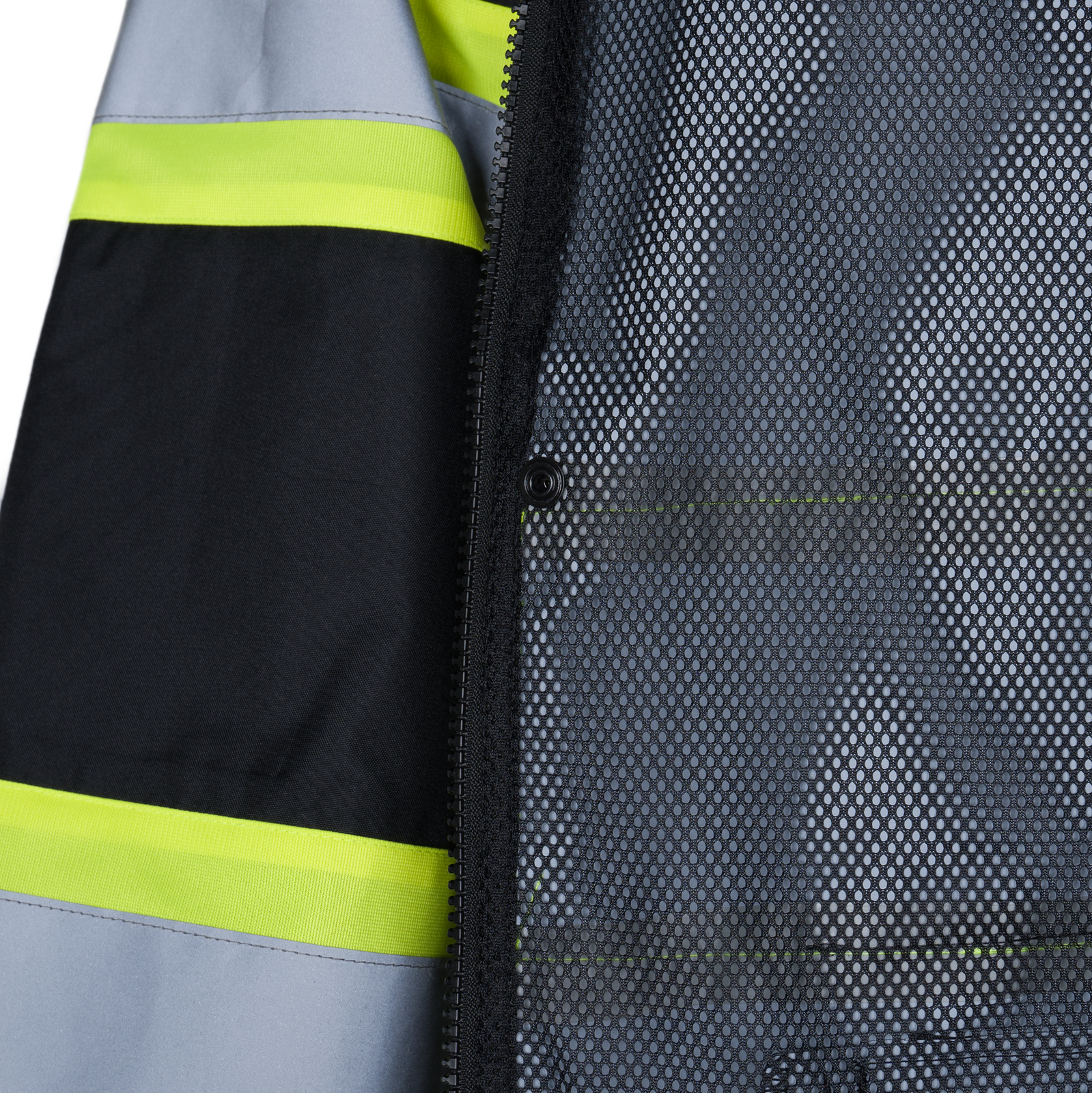 Black safety rain jacket with reflective stripes and tapes seams 