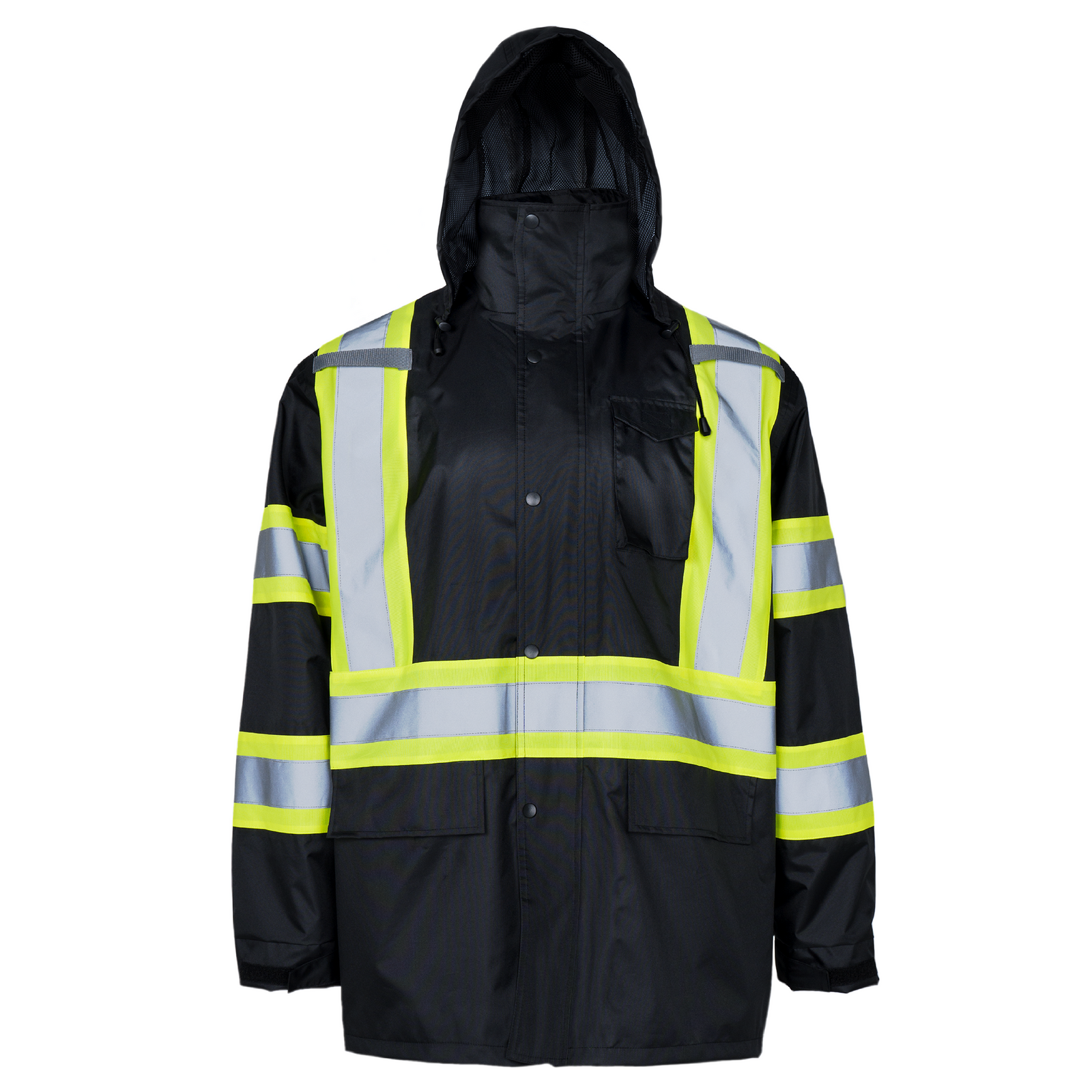 Black safety rain jacket with reflective stripes for outdoor work