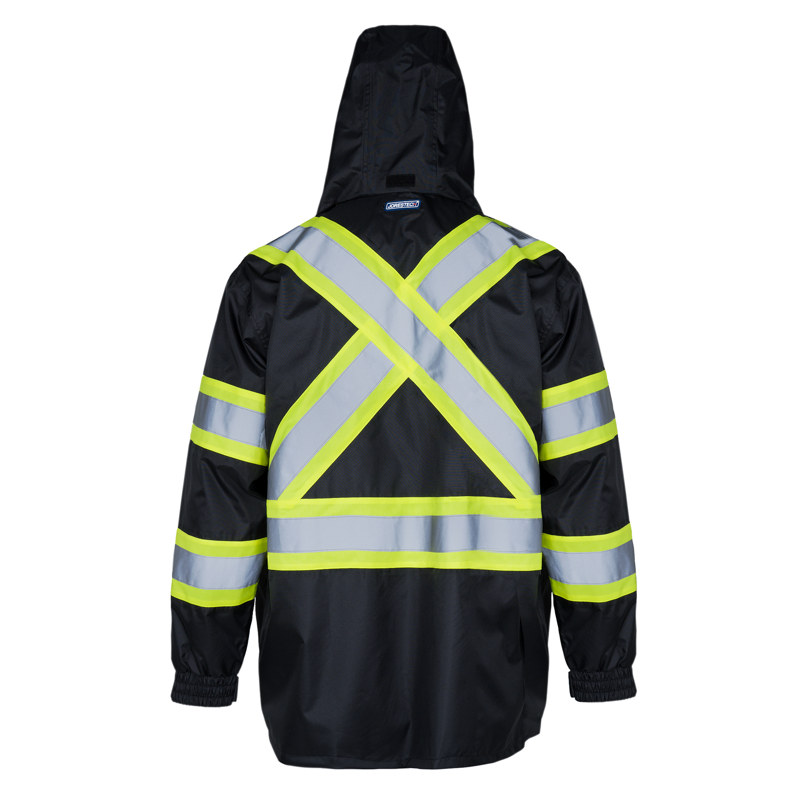 Black high visibility two tone safety rain jacket with X reflective stripes on the back and hoodie