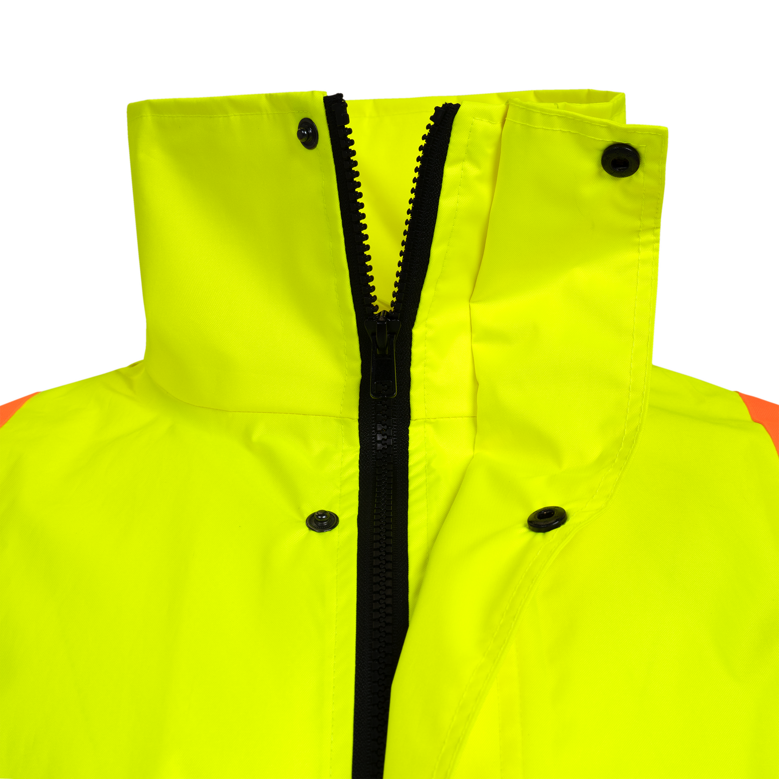 Closeup of the Hi vis JORESTECH Rain Jacket zipper flap for improve weather protection 