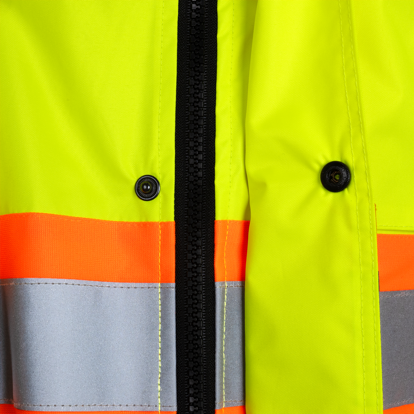 Close up of the hi vis rain jacket with reflective and contrasting stripes and zipper flap for improved water resistance