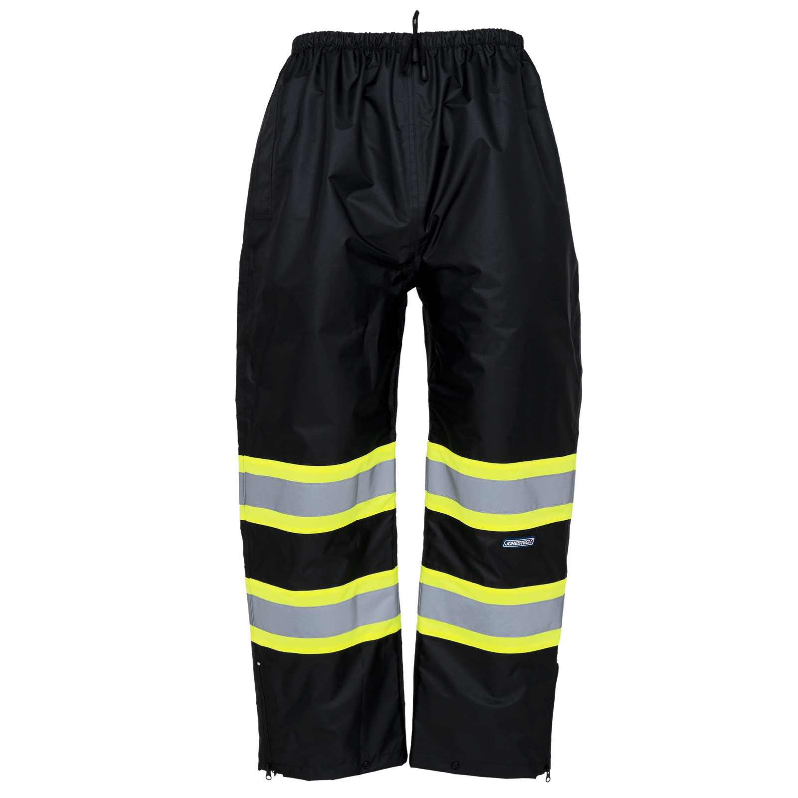 Hi vis two tone black safety rain pants with reflective and contrasting stripes