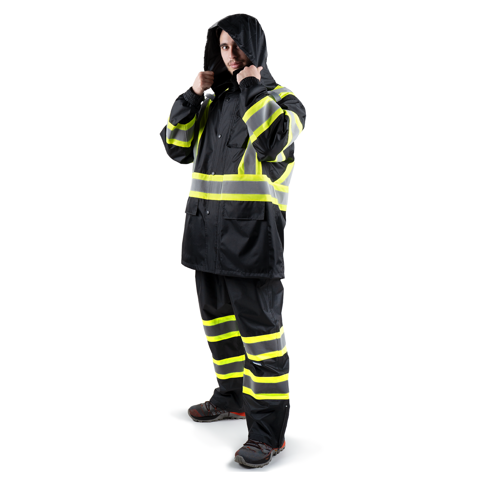 Two Tone High Vis Safety Rain Jacket And Pants Set With X On The Back
