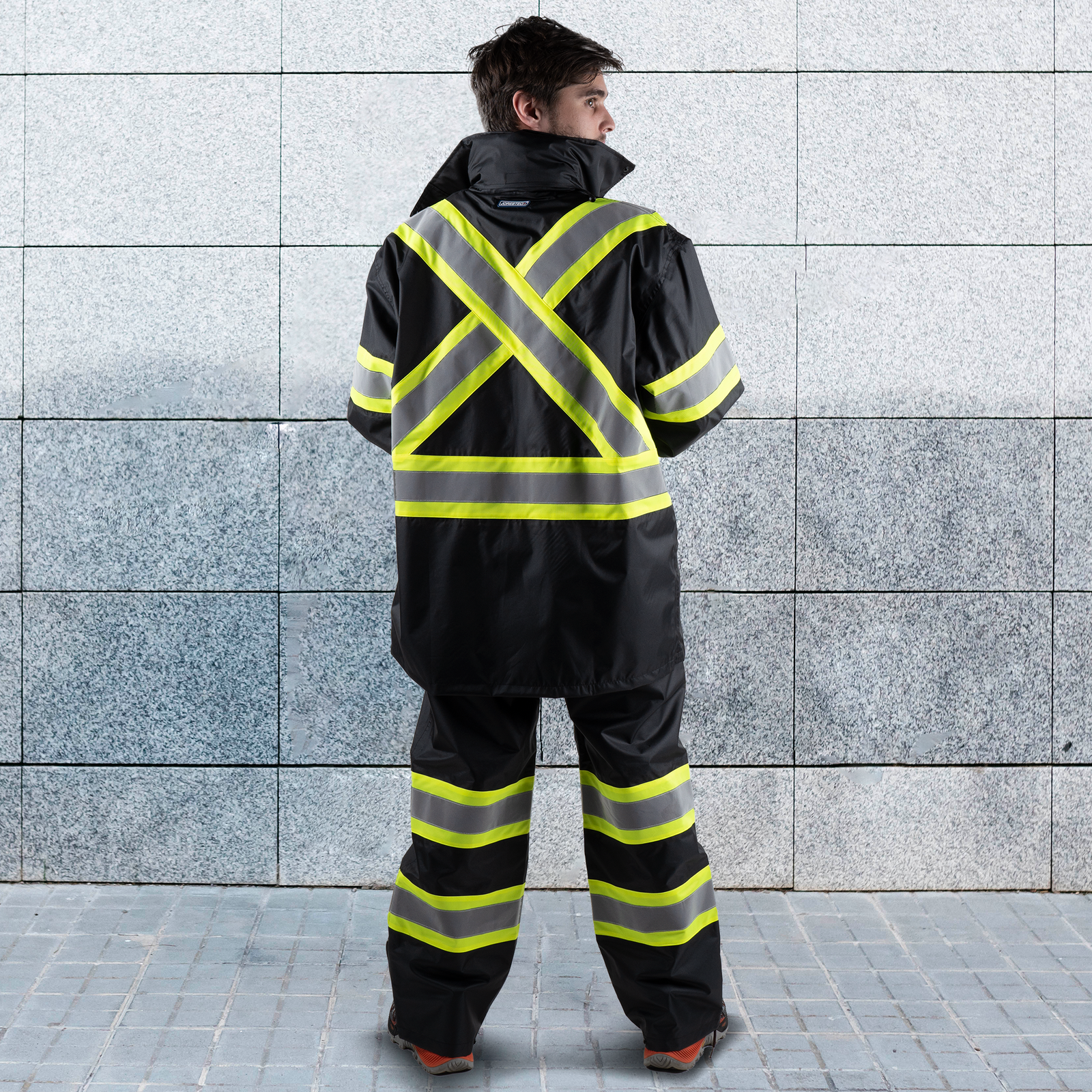 Two Tone High Vis Safety Rain Jacket And Pants Set With X On The Back