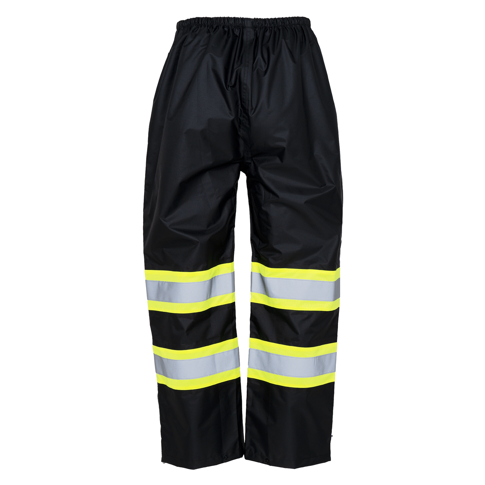 Hi vis two tone black safety rain pants with reflective and contrasting stripes