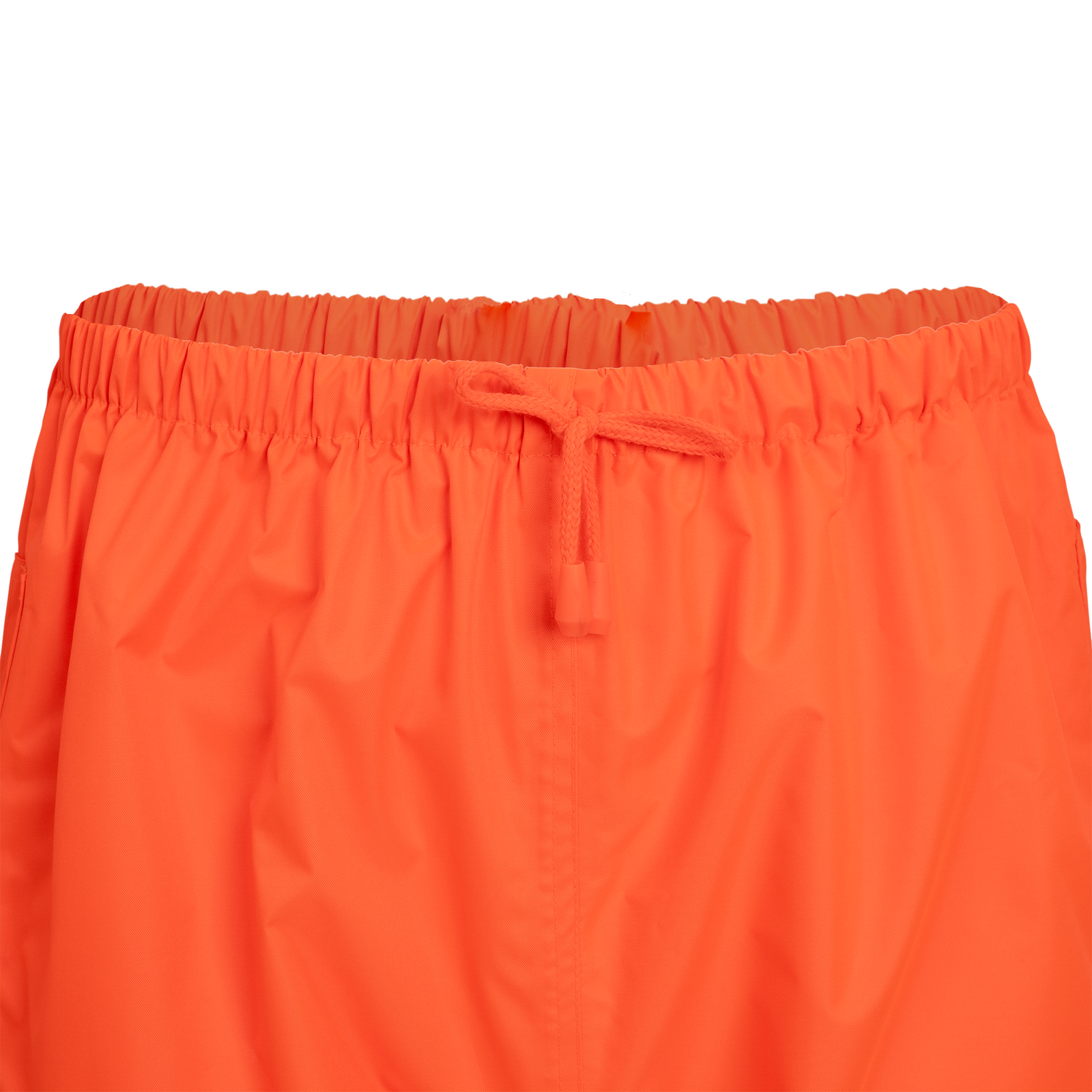 Hi vis orange rain pants with elastic waits and adjustable waits string for improved sizing