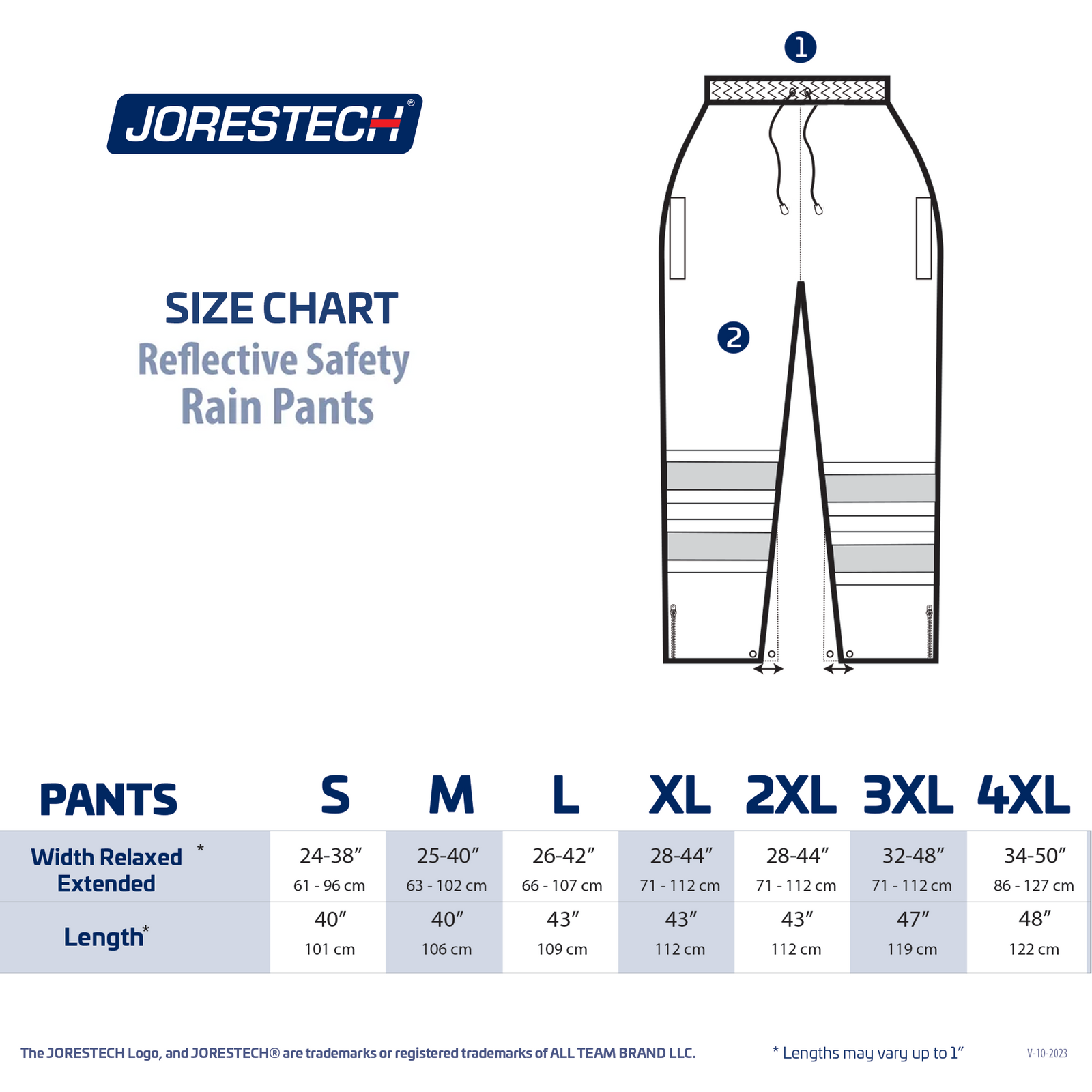 Size chart of the hi vis two tone safety rain pants with reflective stripes