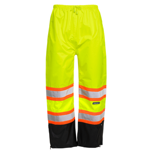 Hi vis two tone yellow safety rain pants with reflective and contrasting stripes