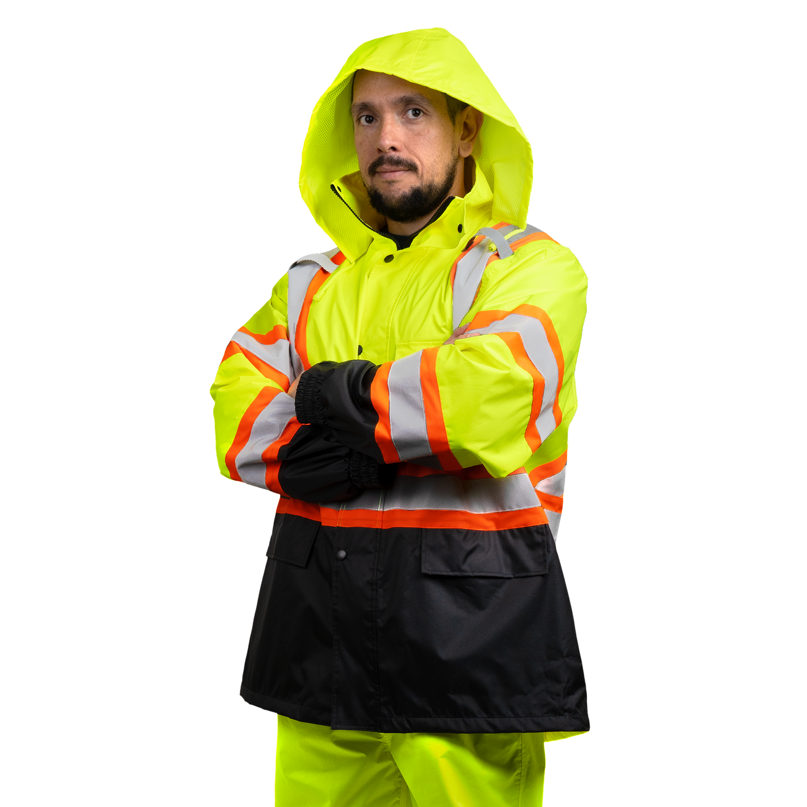 Worker wearing the hi vis two tone yellow ANSI compliant safety rain jacket with x reflective stripes on the back and hideaway hoodie