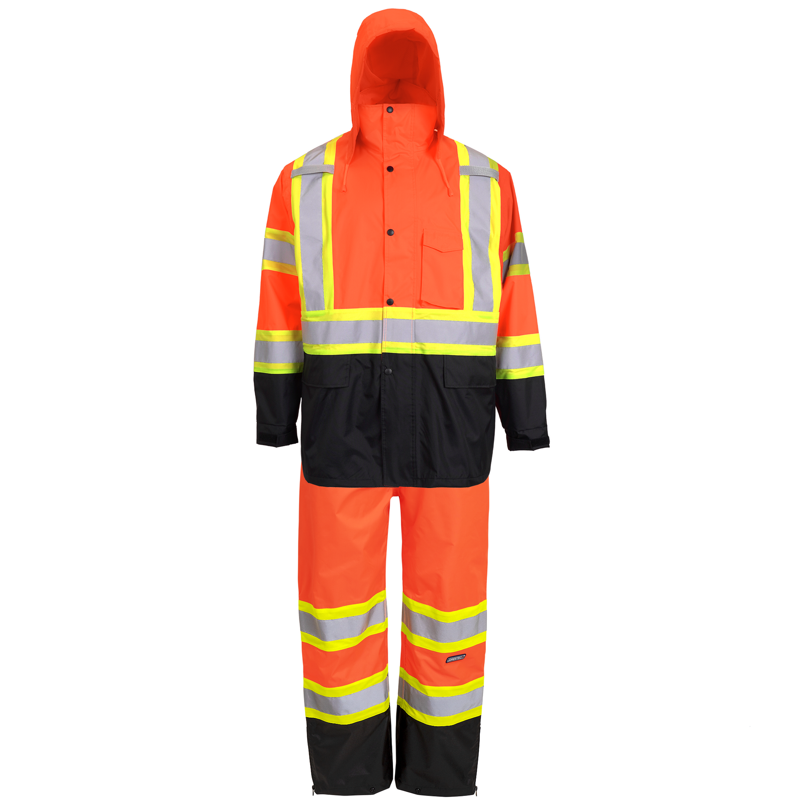 Hi visibility orange rain set of jacket and pant with reflective strips an X on the back. ANSI and  CSA compliant
