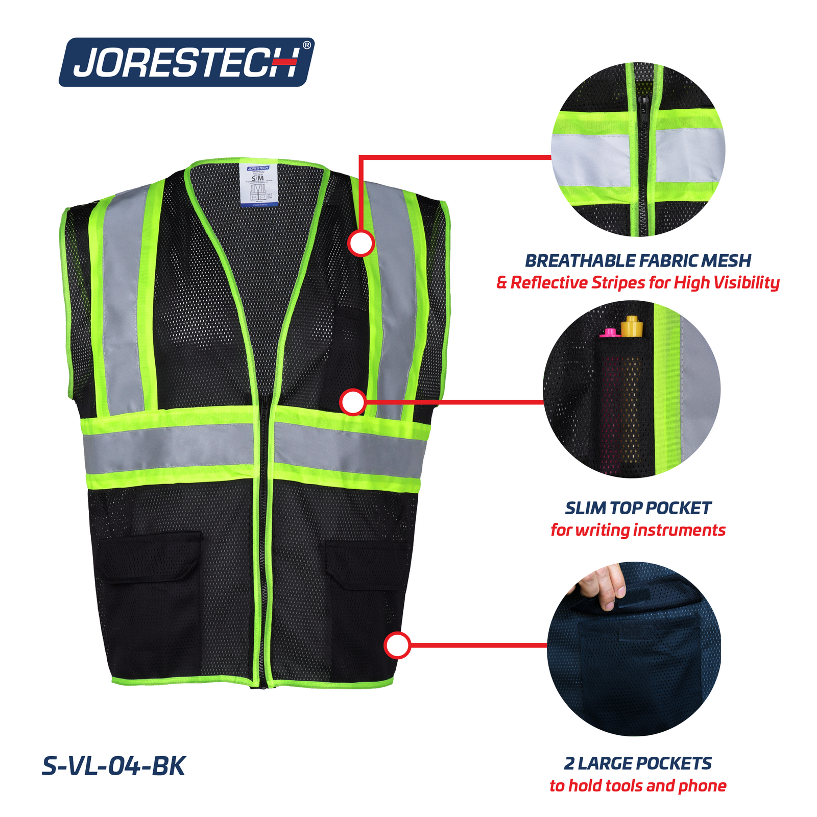 Features the Black safety vest with 3 call outs: one tool pocket, breathable fabric, two full size pockets at waist level
