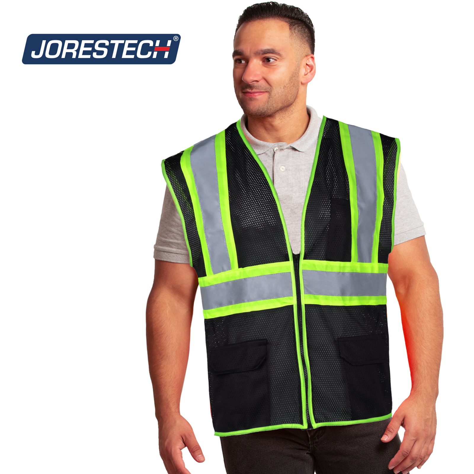A man wearing a hi vis two toned black safety vest  with reflective and contrasting yellow strips