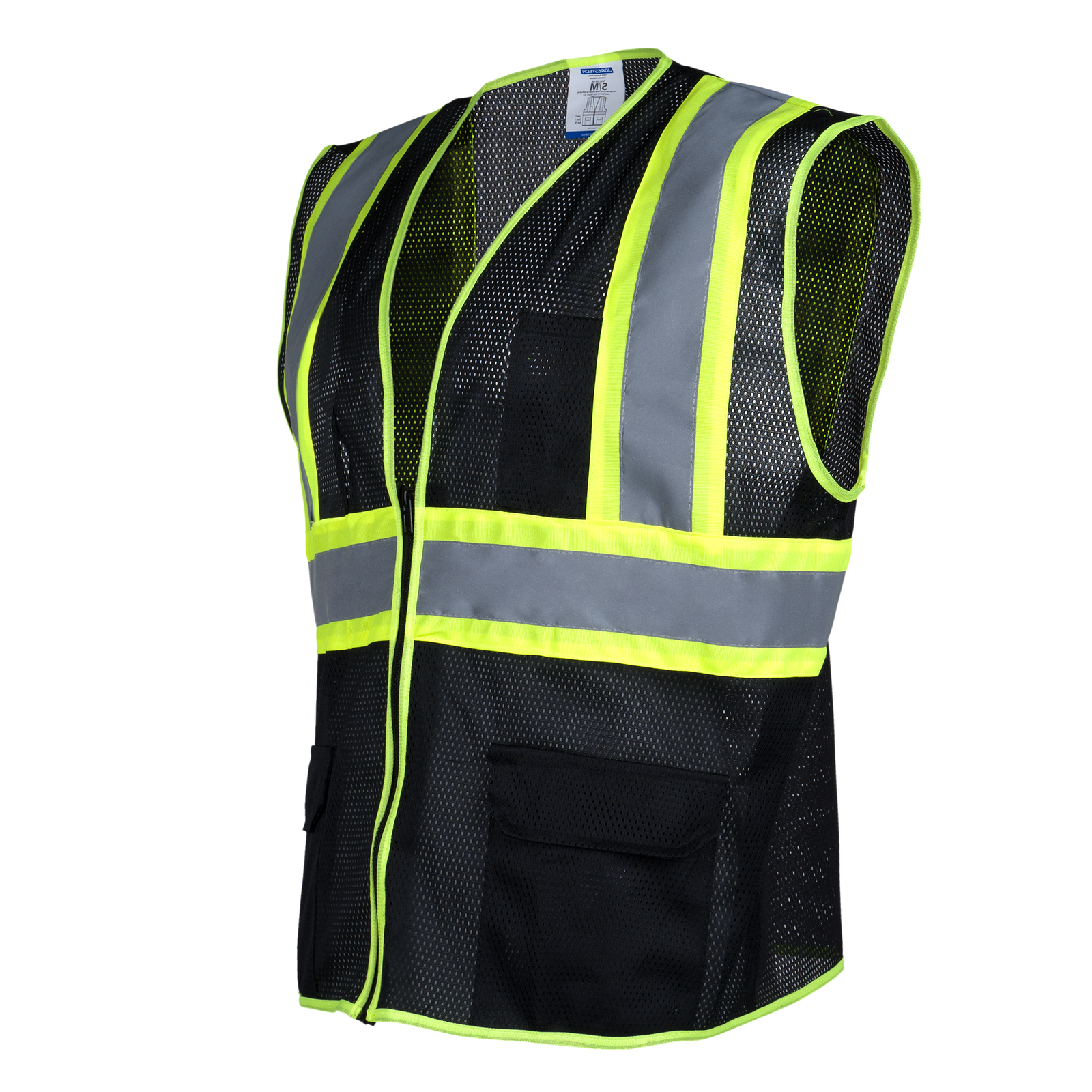 High vis two toned black mesh safety vest with 2 inches reflective strop and pockets by JORESTECH®