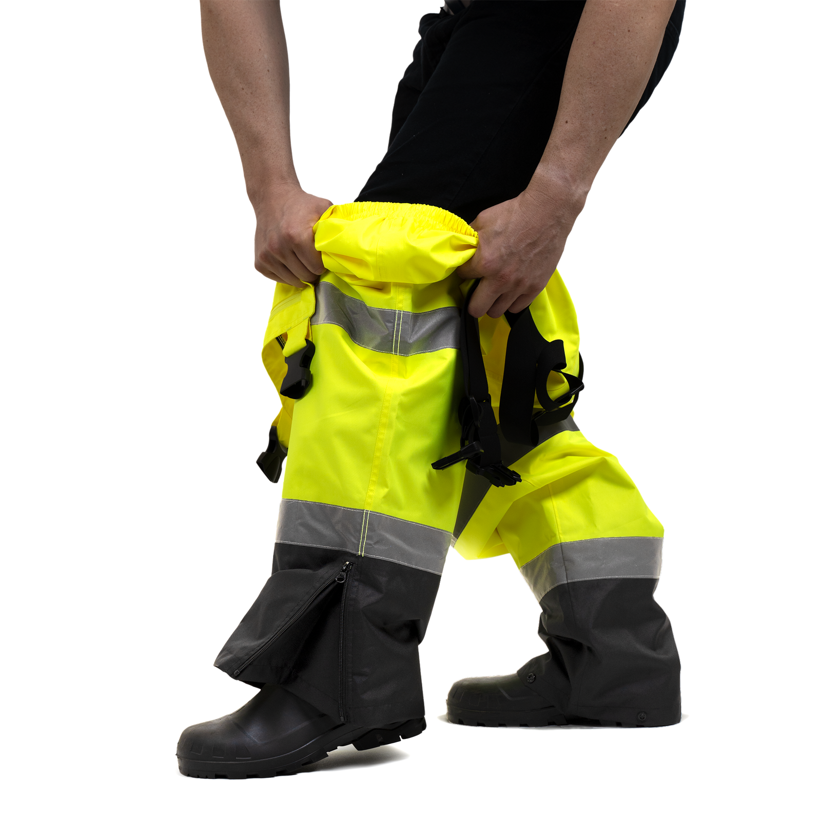 Close up of the boot zippered opening on the hi vis safety overall pants