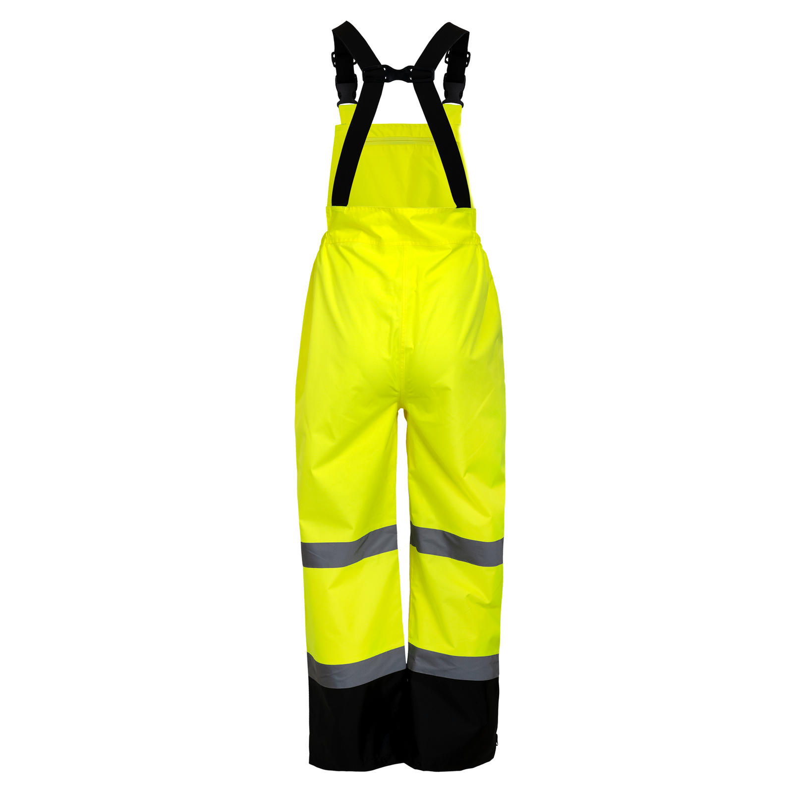 Yellow safety overall pants with adjustable straps and reflective stripes class E type 2