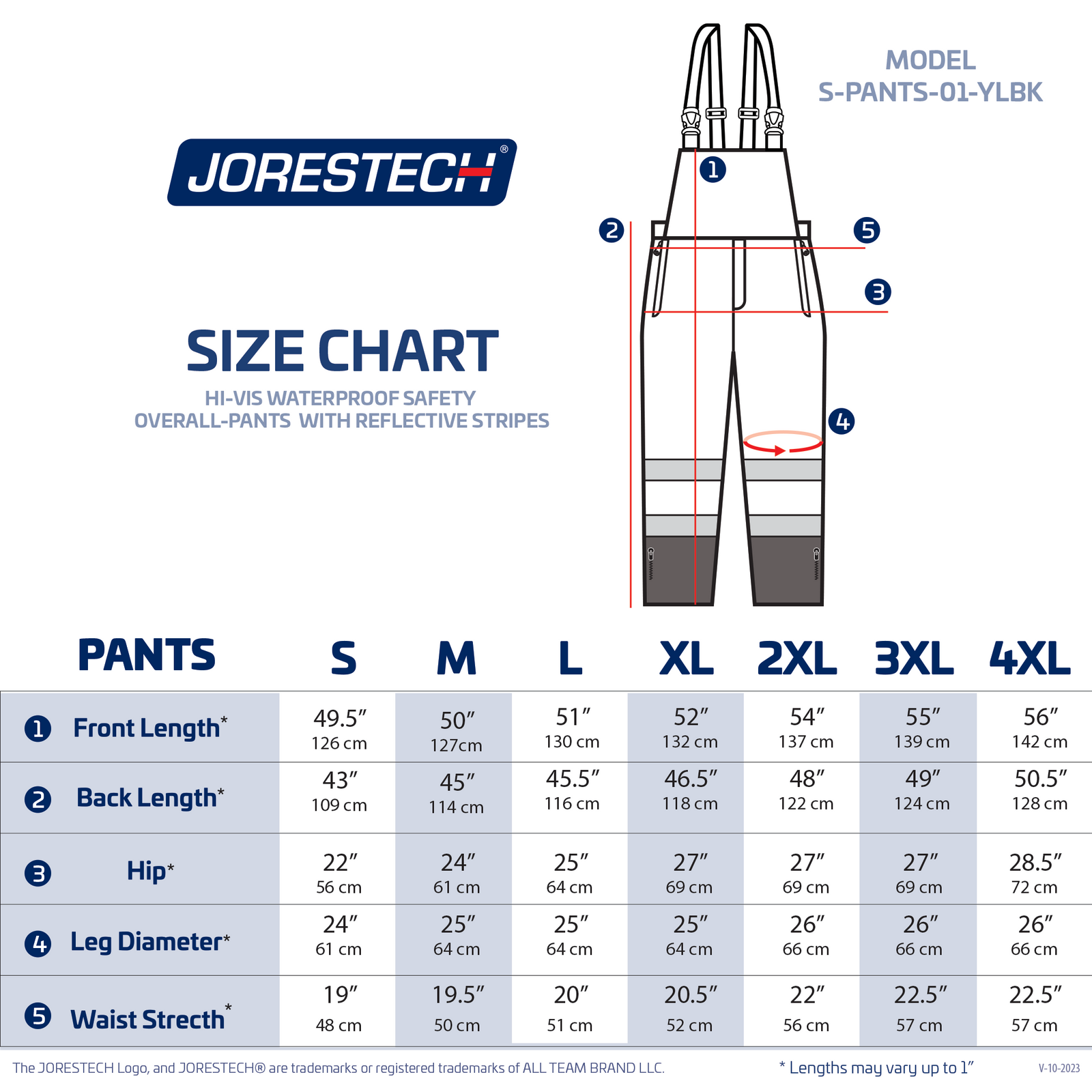 Size chart of high visibility waterproof safety overall pants with reflective strips