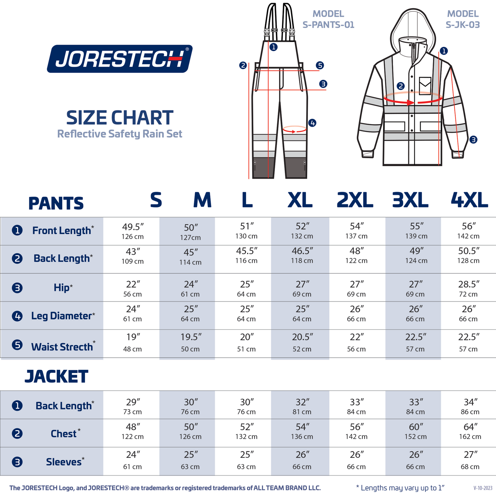 Size chart of high vis safety rain set of overall pants and jacket with reflective strips