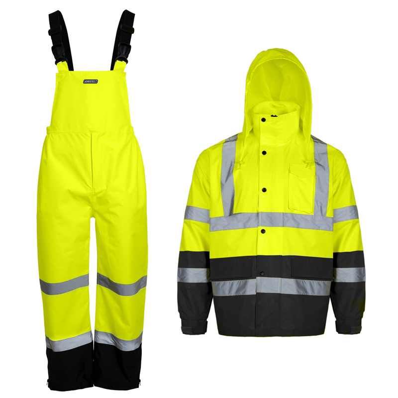 Hi Vis Waterproof Safety Rain Set - Overall Pants & Jacket with 2