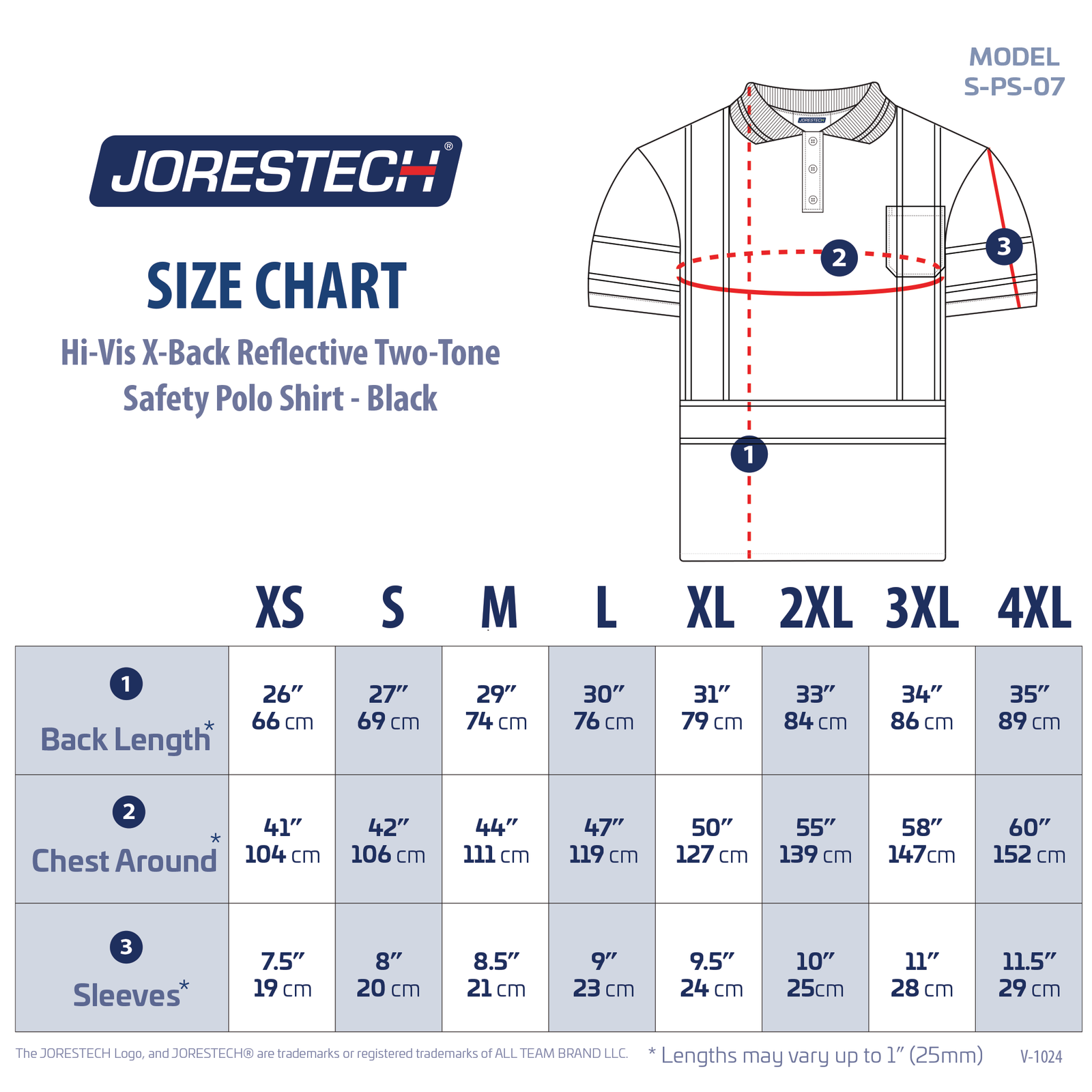 Size Chart for S-PS-07 polo shirt