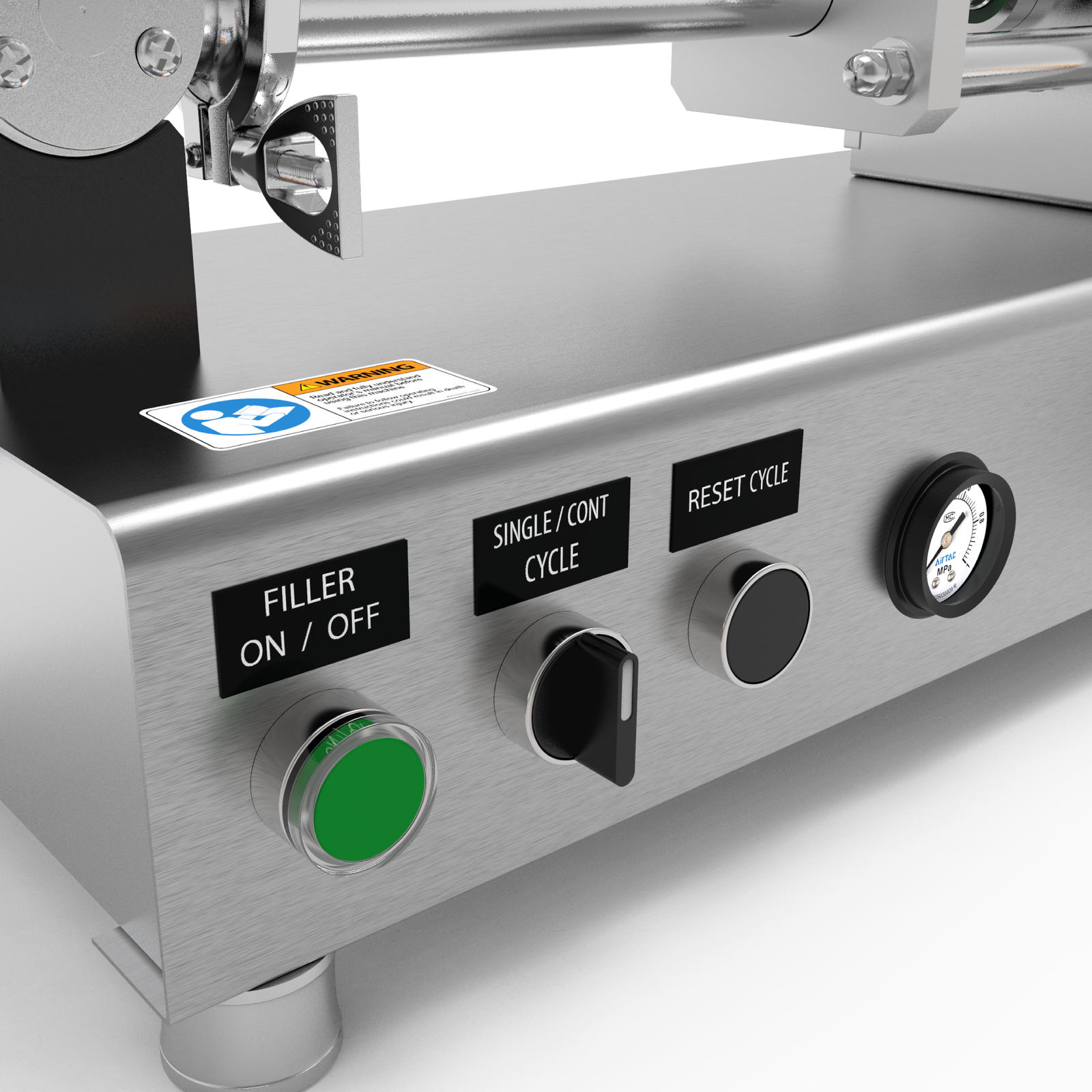 Closeup of the Control Panel where the Power Switch, Single/Continuous Cycle, and Reset Cycle buttons are visible. The pressure gauge is also visible as part of the control panel