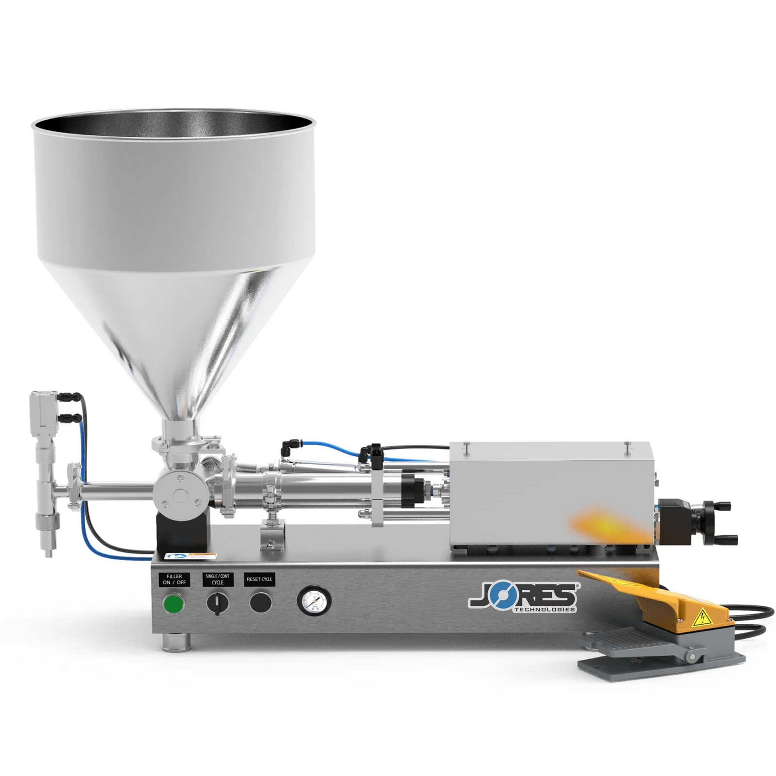 A high viscosity JORES TECHNOLOGIES® paste piston filling machine in a frontal view. The piston filler is made out of stainless steel and there's a yellow and grey foot pedal resting on the side.