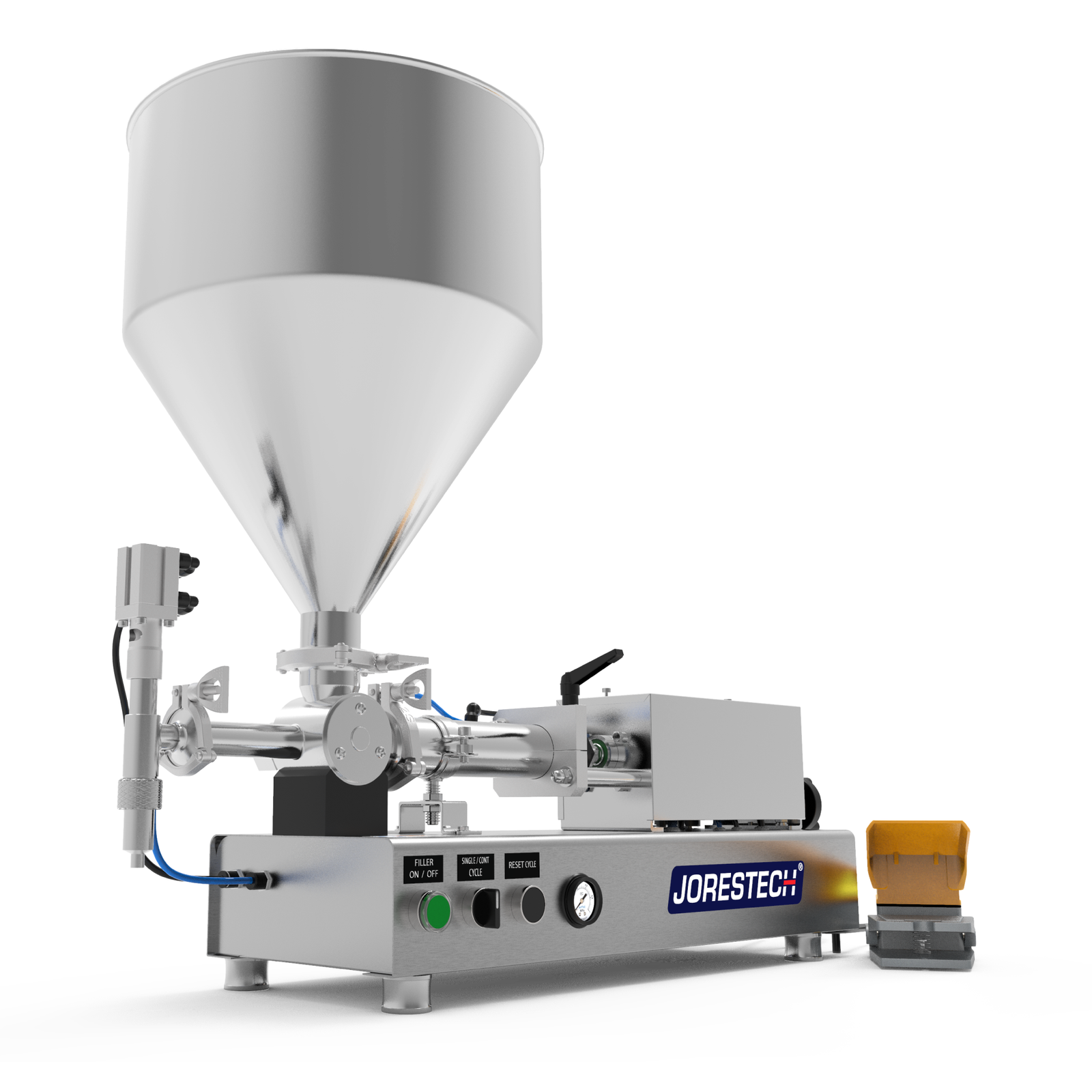 A high viscosity JORES TECHNOLOGIES®  paste piston filling machine. Piston filler made of stainless steel 