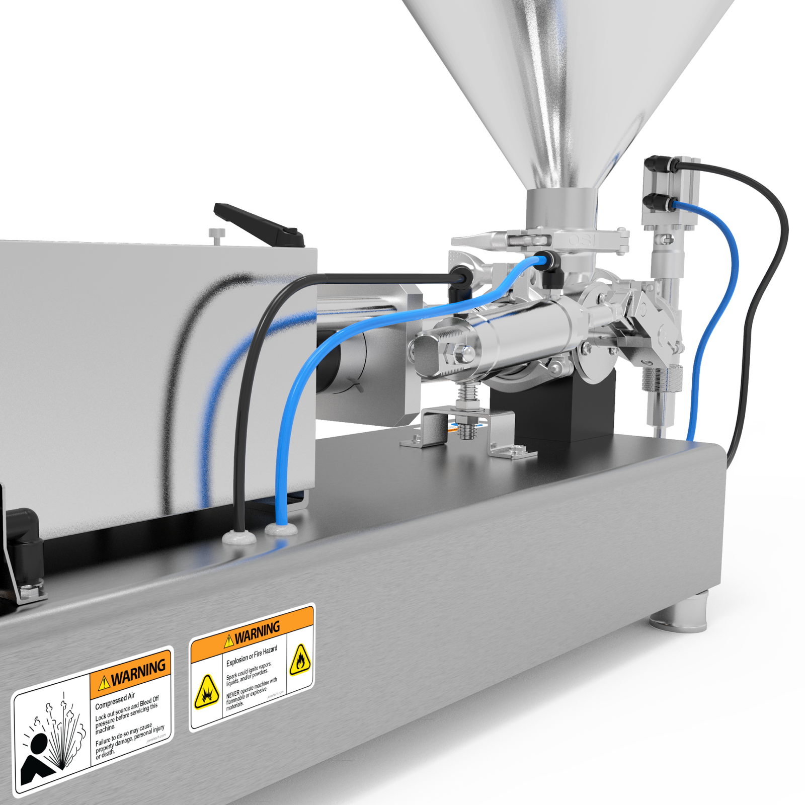 closeup of machine components of the JORES TECHNOLOGIES® paste piston filler