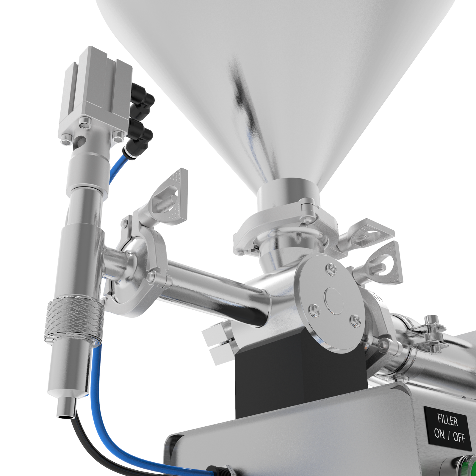 Closeup of the Non-drip paste dispensing nozzle, compressed air hoses, and triclamp attachments for tool-less machine disassembly