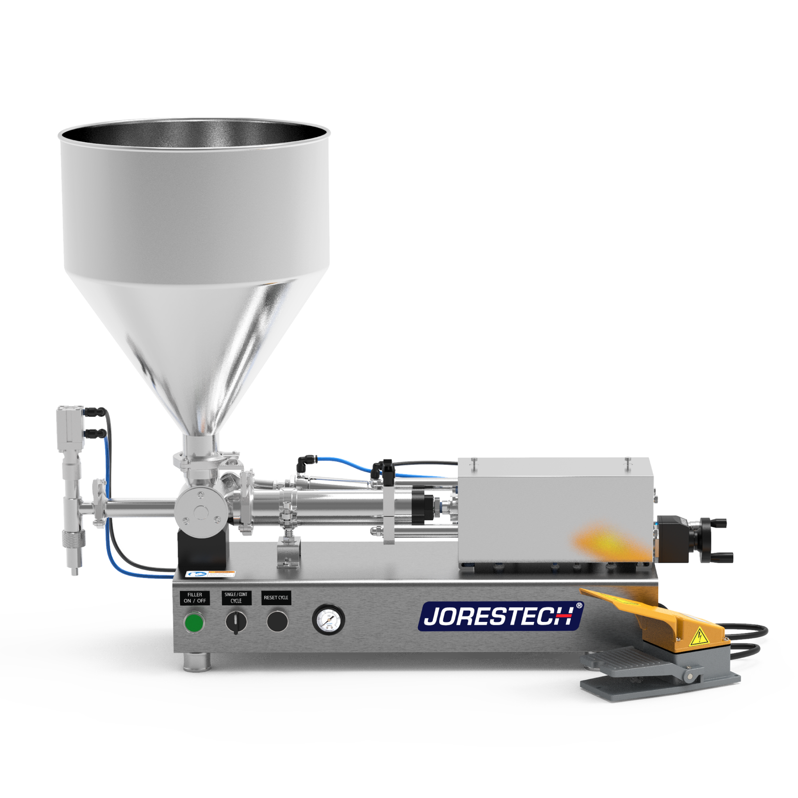 A high viscosity JORES TECHNOLOGIES® paste piston filling machine in a frontal view. The piston filler is made out of stainless steel and there's a yellow and grey foot pedal resting on the side.