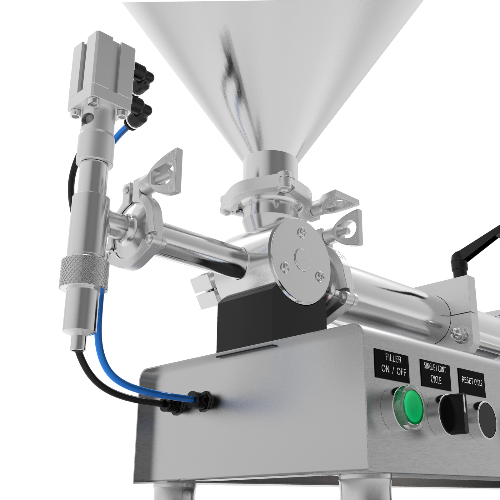 Closeup of the Non-drip paste dispensing nozzle, compressed air hoses, and triclamp attachments for tool-less machine disassembly