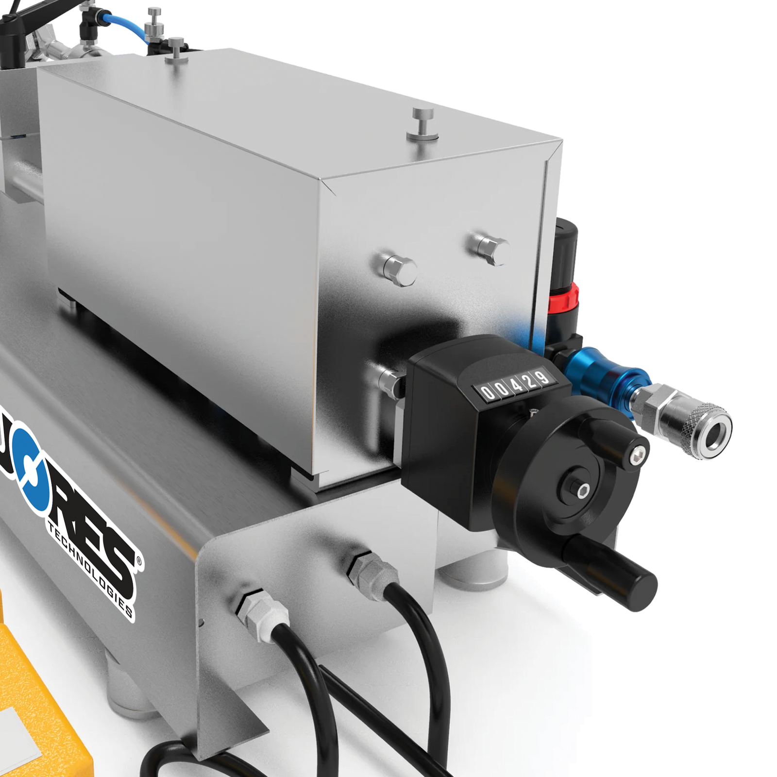 Back view of a HV table top piston filler for paste