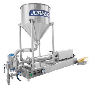 The JORES TECHNOLOGIES® High Viscosity tabletop piston filler with ball valve 316SS shown in a diagonal view