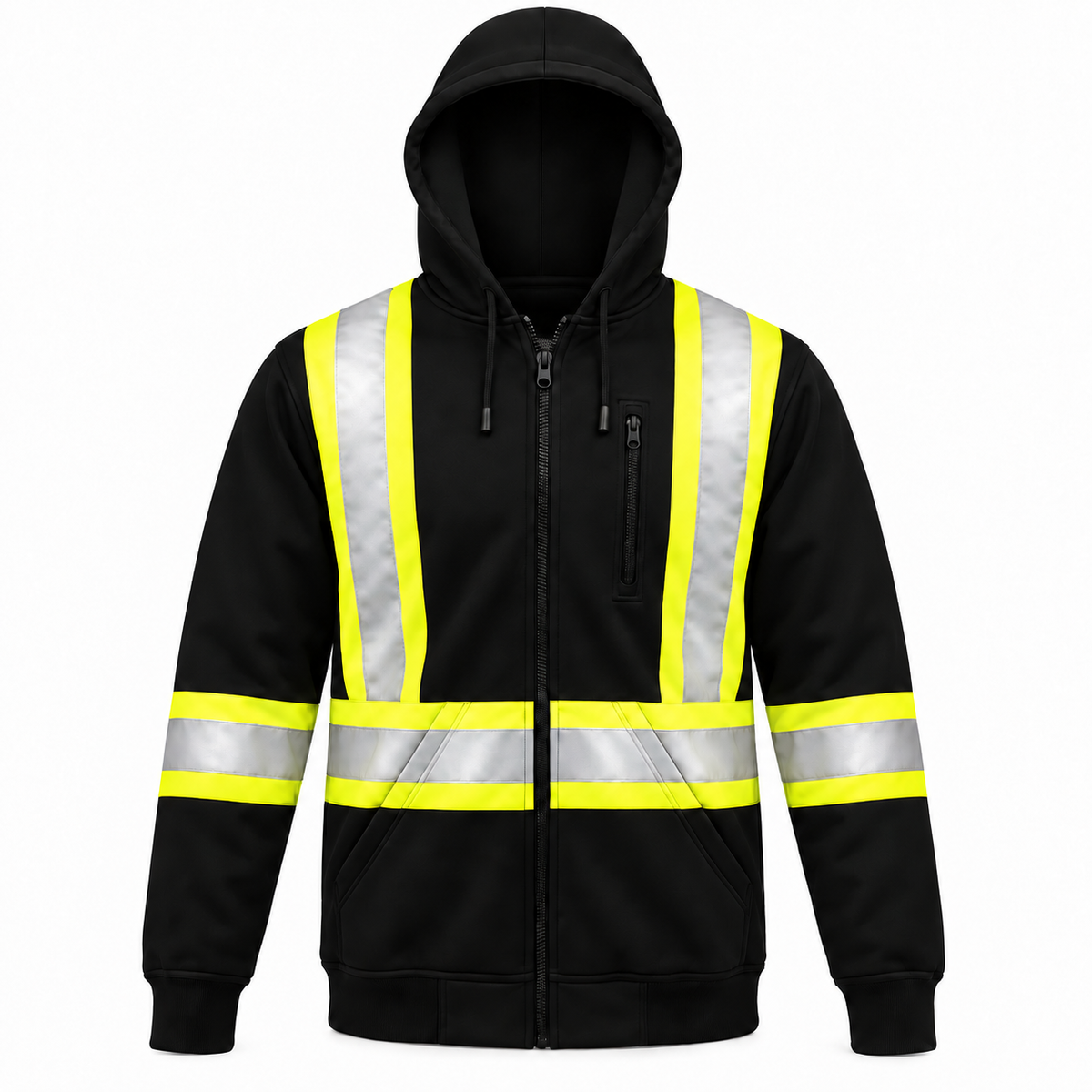 Jorestech black high-visibility work hoodie with yellow-bordered silver reflective stripes, featuring a full-zip closure, attached hood, and utility chest pocket.