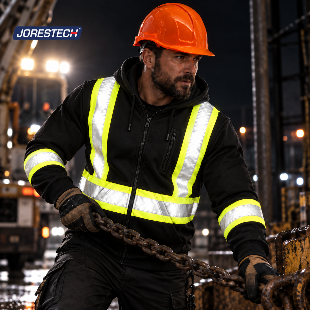 Jorestech black high-visibility work hoodie in action on an industrial construction site, showing an outdoor night view of the full-zip fleece safety sweatshirt with high-contrast reflective stripes.