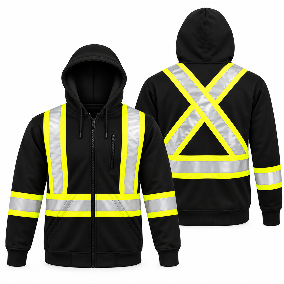 • Jorestech high-visibility black safety hooded sweatshirt with reflective stripes, featuring a full-zip closure, zippered chest pocket, and an ANSI-compliant X-back reflective layout.
