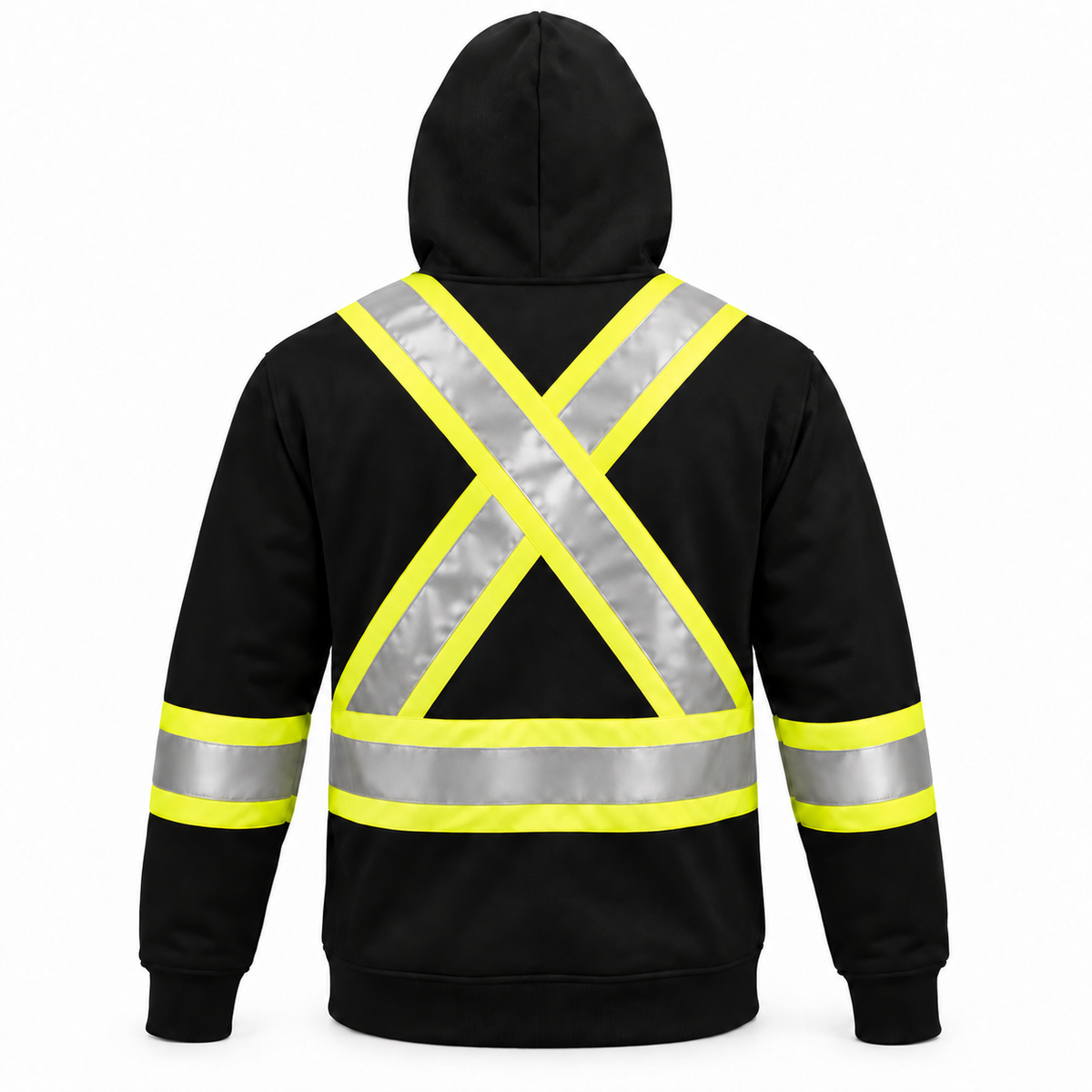 Back view of a Jorestech black high-visibility work hoodie, highlighting the silver and neon yellow X-back safety reflective stripe layout.