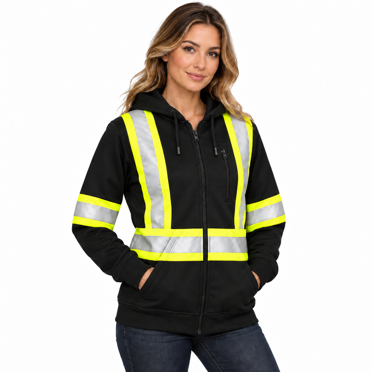 Jorestech black high-visibility work hoodie for women, showing a front view of the full-zip fleece safety sweatshirt with high-contrast reflective stripes.
