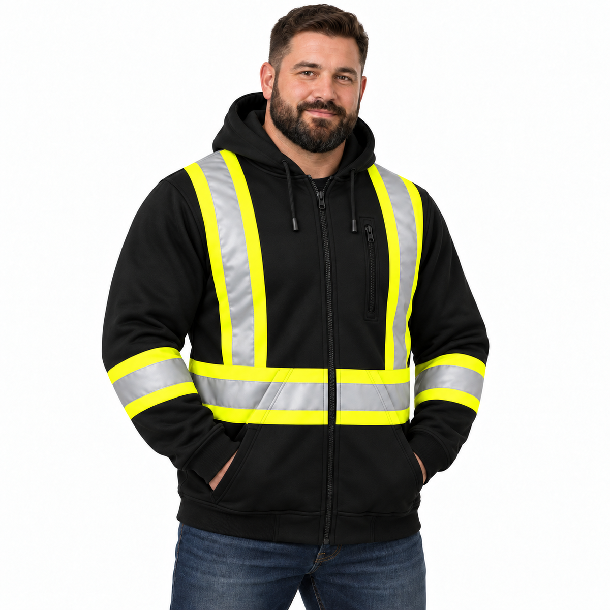 Jorestech black high-visibility work hoodie for men, showing a front profile view of the full-zip safety sweatshirt with high-contrast reflective stripes.