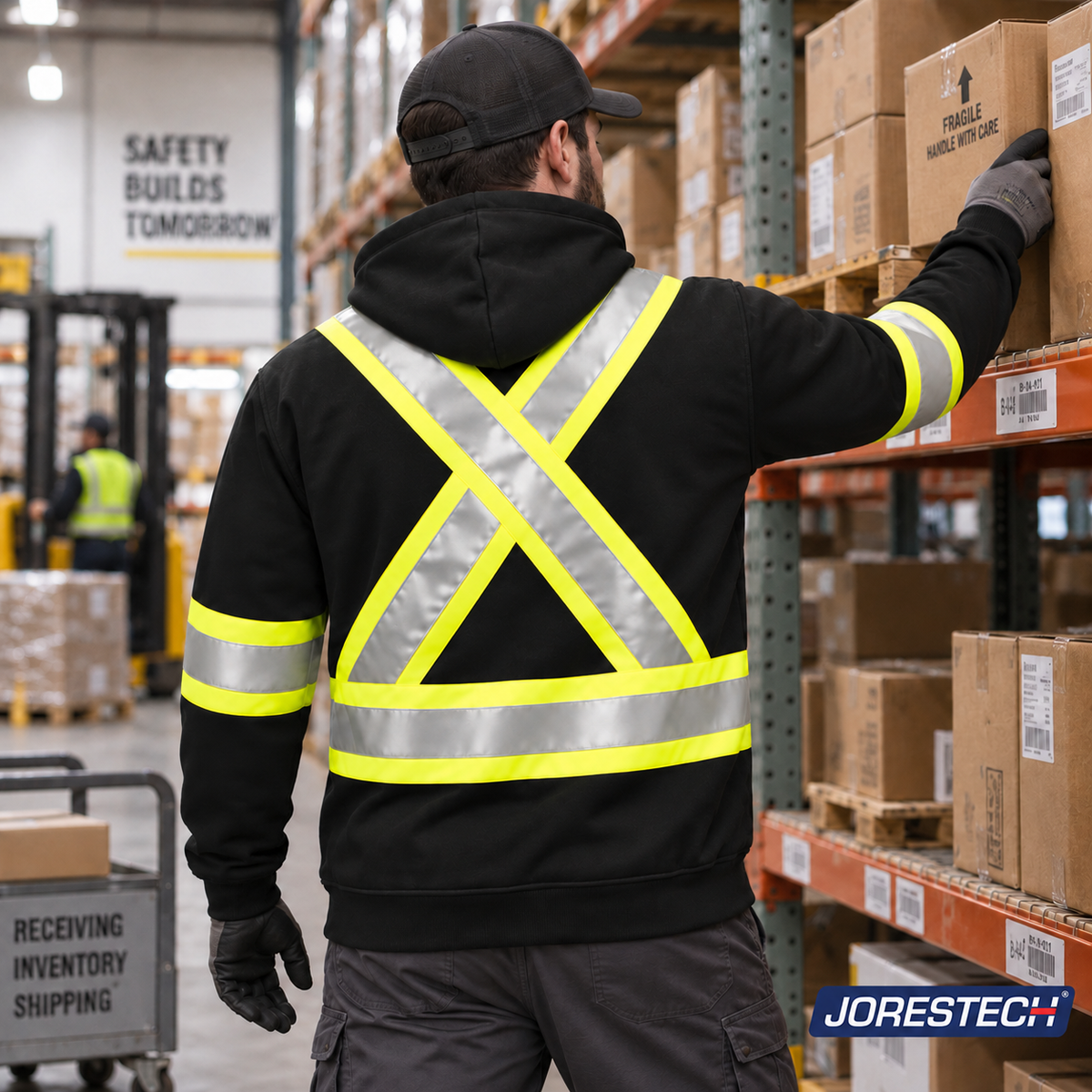 Rear view of a Jorestech black high-visibility safety hoodie for men, highlighting the ANSI-compliant X-back reflective stripe design in a warehouse logistics setting.