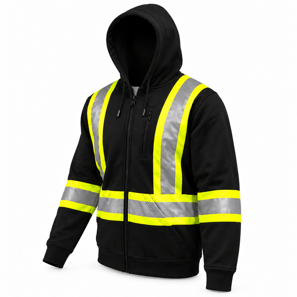 Jorestech black high-visibility full-zip safety hoodie with yellow-bordered reflective tape, featuring a vertical chest pocket and matching black ribbed cuffs.