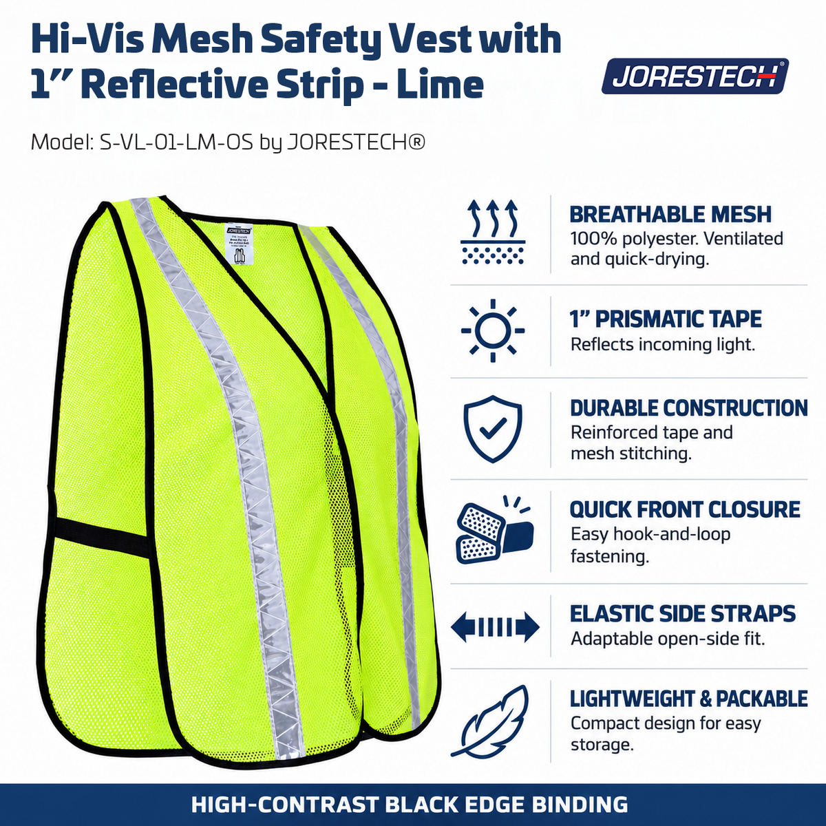 Features infographic for the JORESTECH S-VL-01-LM-OS safety vest highlighting its breathable mesh material, 1-inch prismatic tape, front closure, and elastic side straps.