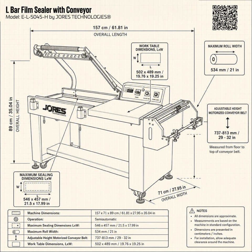 L Bar Film Sealer with Conveyor – 19” x 17”