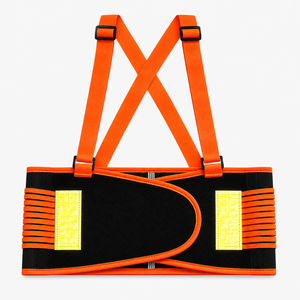 A back support belt featuring orange black and orange contrasting colors and reflerctive stripes to increase visibility of the wearer 