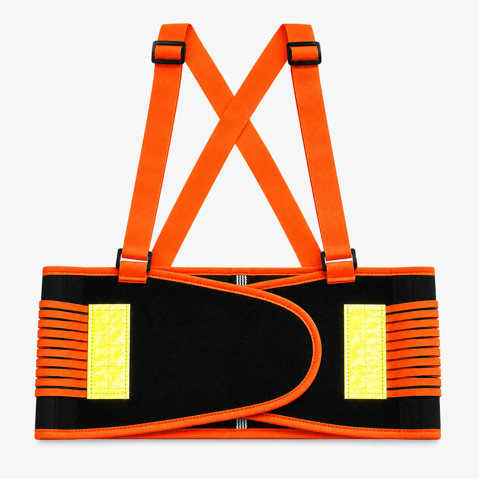 A back support belt featuring orange black and orange contrasting colors and reflerctive stripes to increase visibility of the wearer 