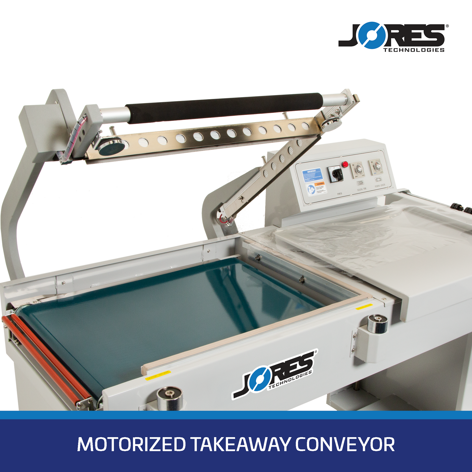Blue banner at the bottom with a white text reads: Motorized Takeaway Conveyor. Close-up shot of the conveyor on an L type heat sealer.
