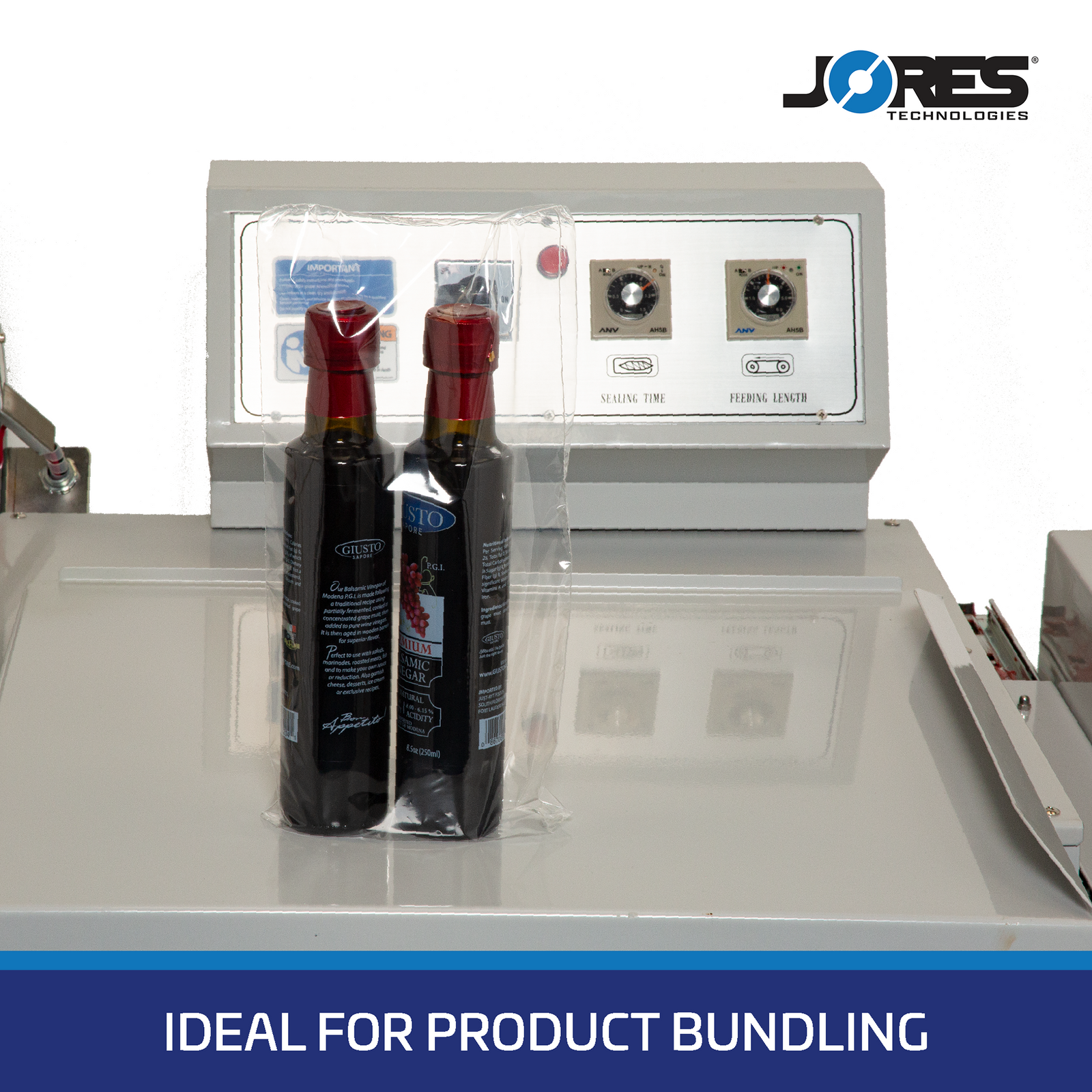 Two collated bottles sealed inside of shrink wrapping film. Blue banner on bottom of picture with a text that reads Ideal for Product Bundling.