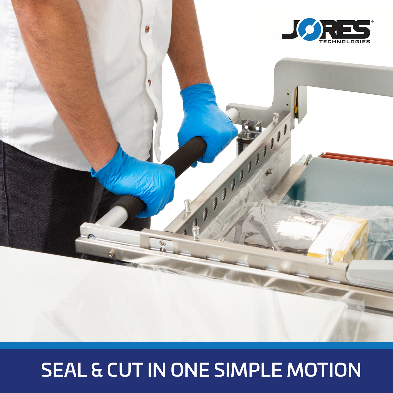 Man wearing blue gloves sealing shrink film around a box with a JORES TECHNOLOGIES® Semi Automatic L sealing Machine. Blue text in the bottom reads Seal & cut in one simple motion.