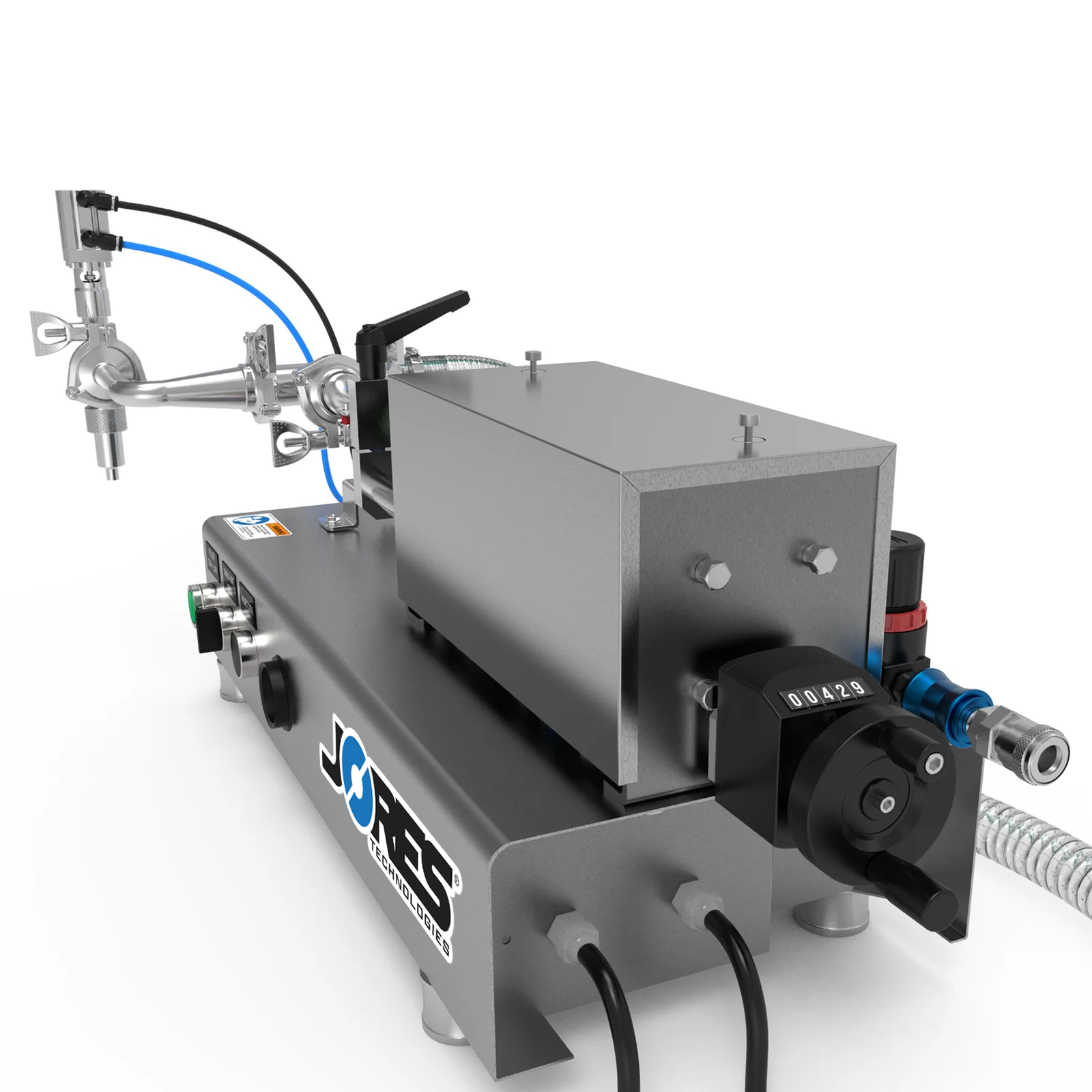 A Low viscosity JORES TECHNOLOGIES® liquid filling machine shown from the back. The fill volume adjuster, main input hose, and compressed air connector can be easily appreciated.