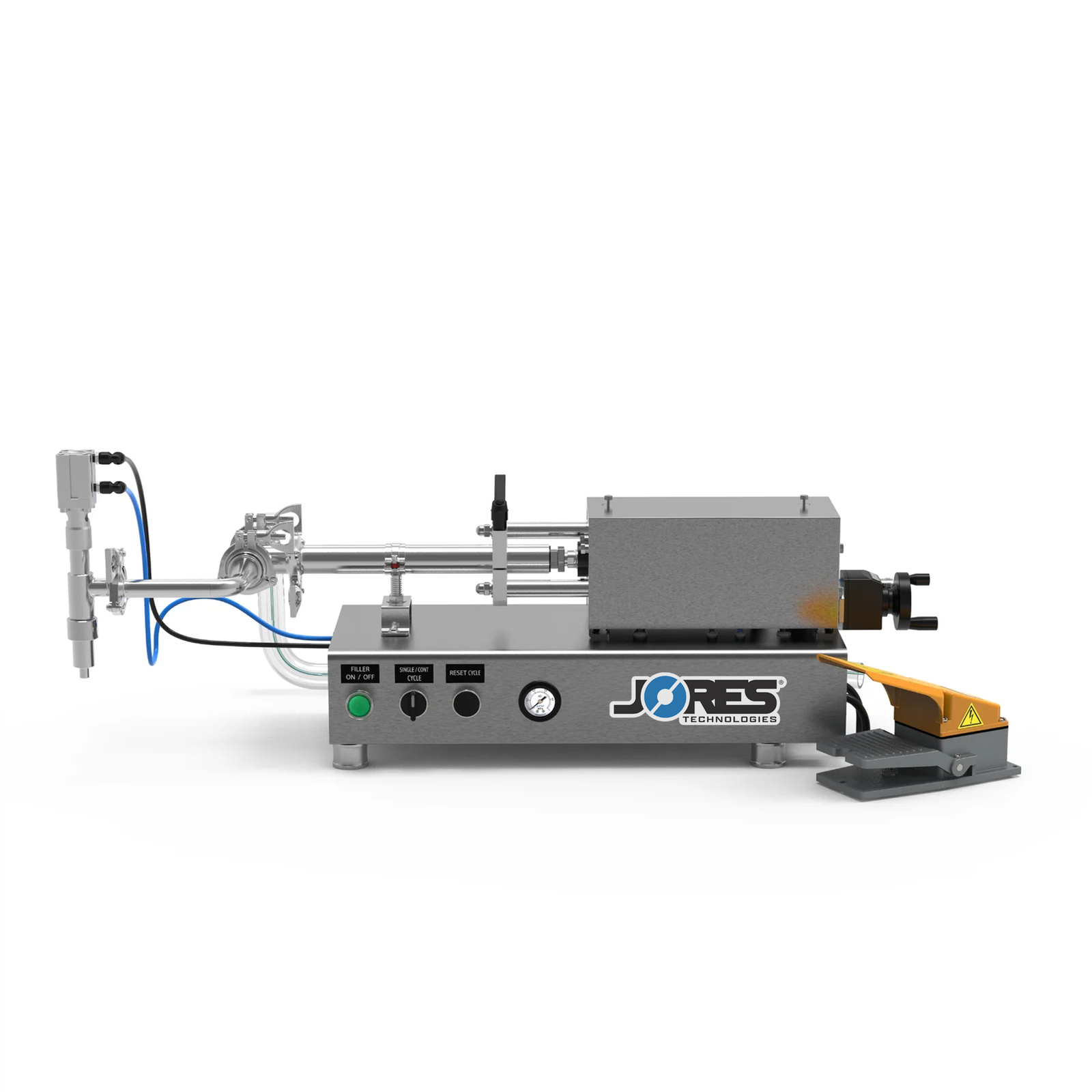 A Low viscosity JORES TECHNOLOGIES® piston filling machine in a frontal view. The piston filler is made out of stainless steel and there's a yellow and grey foot pedal resting on the side.
